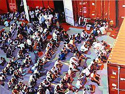 "Containerpeople", 2009, Öl auf Lw., 180 x 240 cm